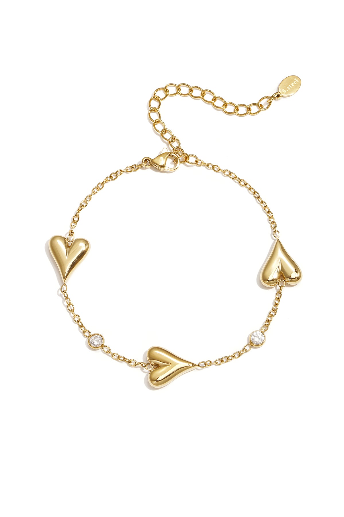 Armband mit drei massiven Herzen und Steinen