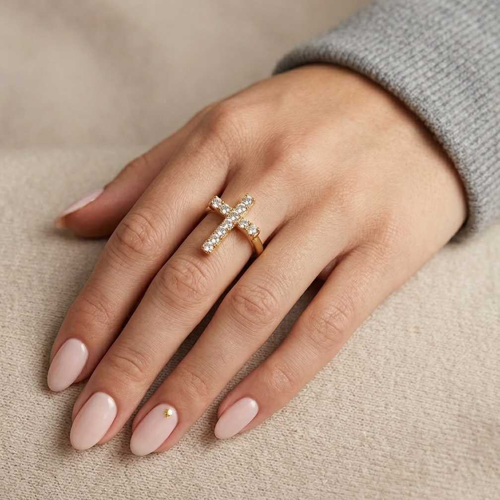 Celésta Kreuz Ring getragen Hand Gold | ELIÉE JEWELRY