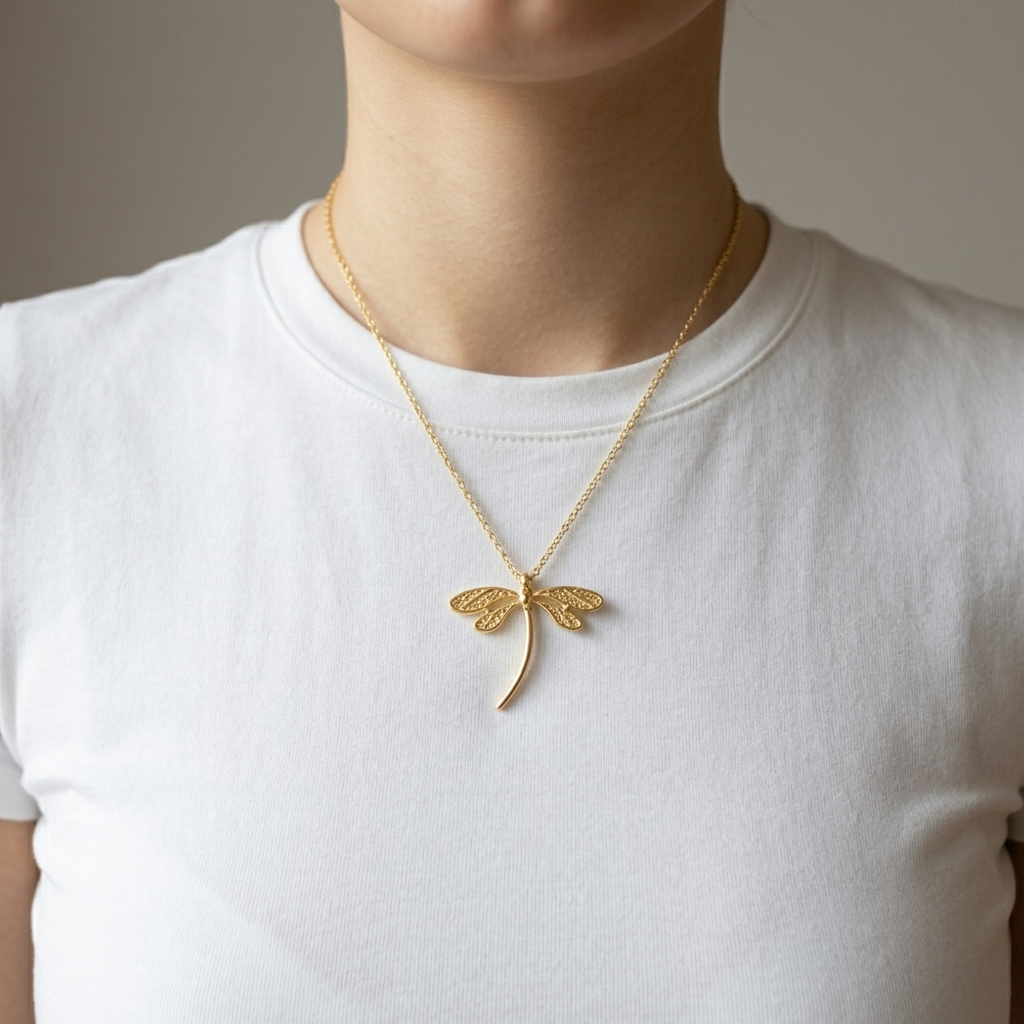 Libellen Halskette getragen Nahaufnahme Gold | ELIÉE JEWELRY