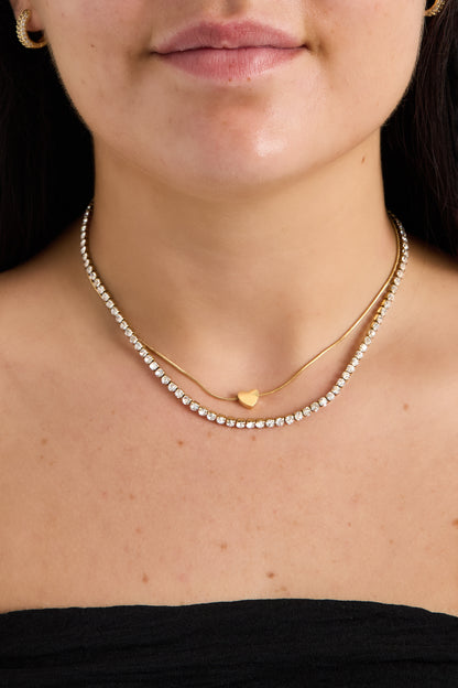 Doppelkette mit minimalistischem Herz und Zirkonia