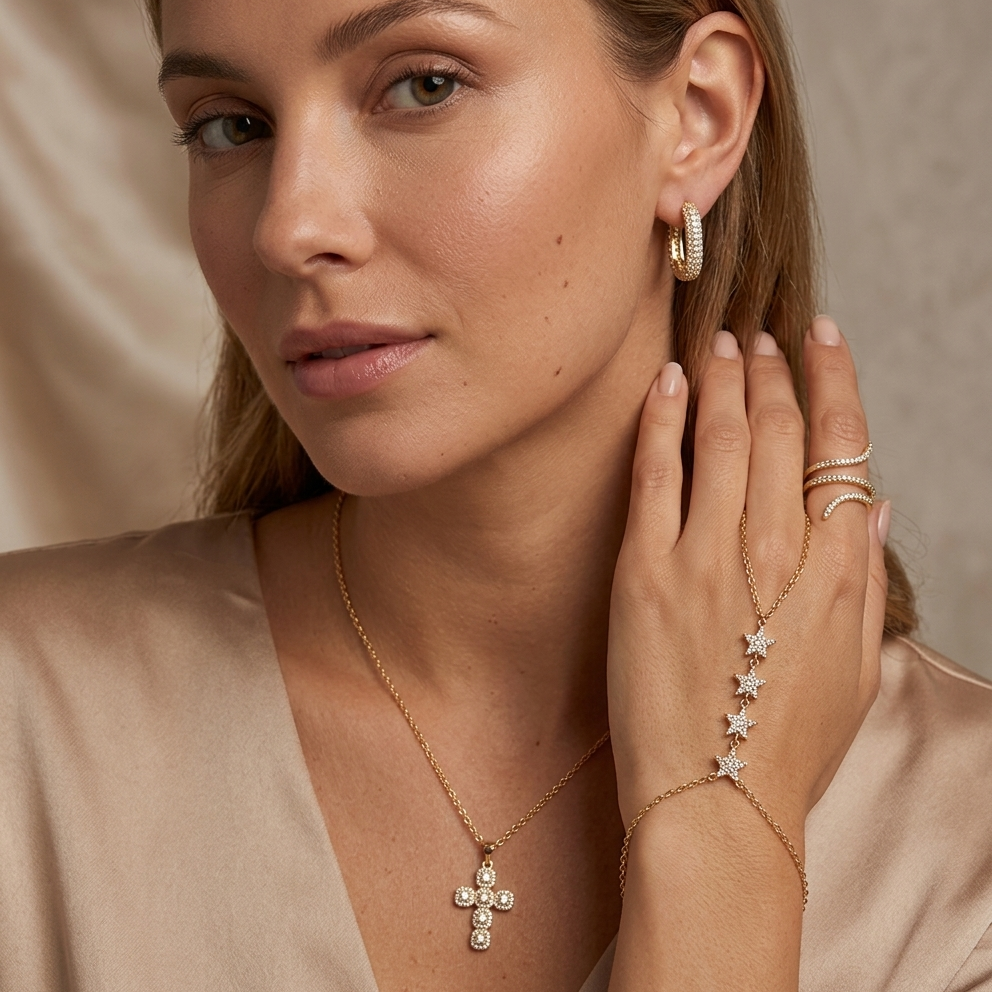 frau trägt kreuzkette, pavé creole, stern-handkette und schlangenring in gold